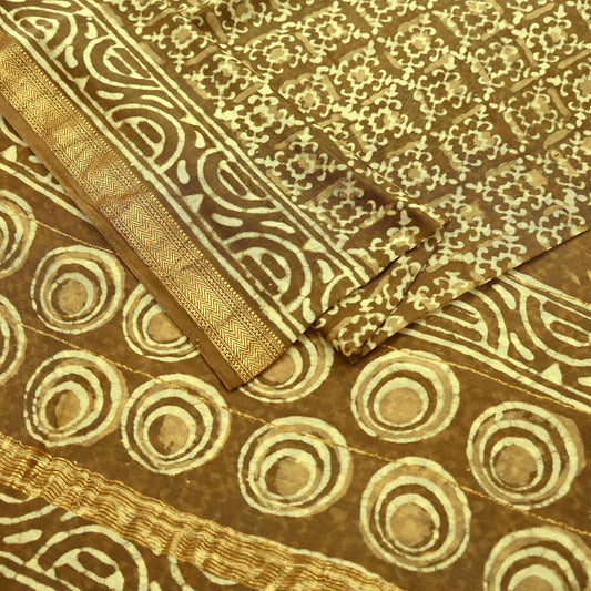 Vintage Green Block Printed Pure Chanderi Silk Saree | Floral Design & Zari Border | 6 Yards | Soft Craft Fabric for Upcycling, Dressmaking,