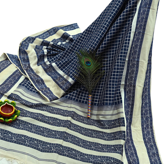 Indian Vintage Sari  Ivory & Blue Mysore Silk Woven Saree with Zari Border | 5 Yards | Soft Craft Fabric | Upcycle, Quilting, Dressmaking