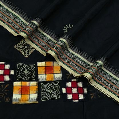 Indian Vintage Black Pure Silk Hand-Painted Woven Saree | 5 Yards | Elegant Fabric for Dress Designing, Quilting, Crafting, Upcycling