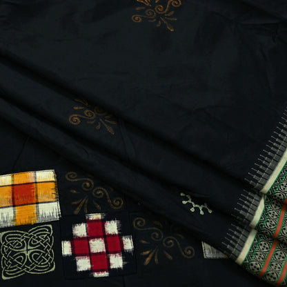 Indian Vintage Black Pure Silk Hand-Painted Woven Saree | 5 Yards | Elegant Fabric for Dress Designing, Quilting, Crafting, Upcycling