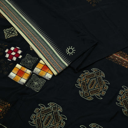 Indian Vintage Black Pure Silk Hand-Painted Woven Saree | 5 Yards | Elegant Fabric for Dress Designing, Quilting, Crafting, Upcycling