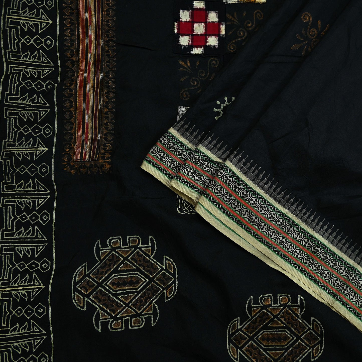Indian Vintage Black Pure Silk Hand-Painted Woven Saree | 5 Yards | Elegant Fabric for Dress Designing, Quilting, Crafting, Upcycling
