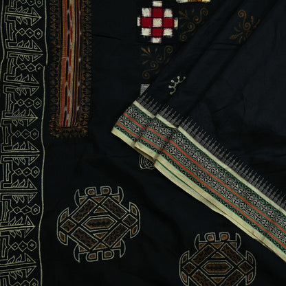 Indian Vintage Black Pure Silk Hand-Painted Woven Saree | 5 Yards | Elegant Fabric for Dress Designing, Quilting, Crafting, Upcycling
