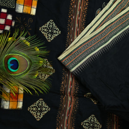 Indian Vintage Black Pure Silk Hand-Painted Woven Saree | 5 Yards | Elegant Fabric for Dress Designing, Quilting, Crafting, Upcycling
