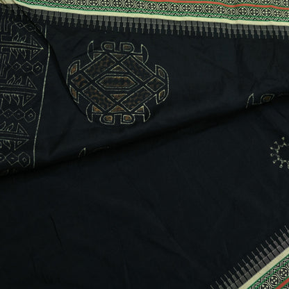 Indian Vintage Black Pure Silk Hand-Painted Woven Saree | 5 Yards | Elegant Fabric for Dress Designing, Quilting, Crafting, Upcycling