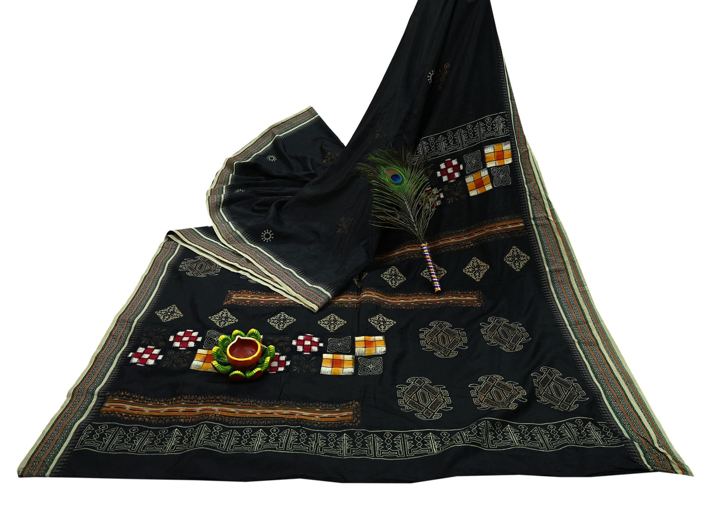 Indian Vintage Black Pure Silk Hand-Painted Woven Saree | 5 Yards | Elegant Fabric for Dress Designing, Quilting, Crafting, Upcycling