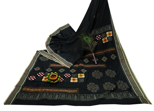 Indian Vintage Black Pure Silk Hand-Painted Woven Saree | 5 Yards | Elegant Fabric for Dress Designing, Quilting, Crafting, Upcycling