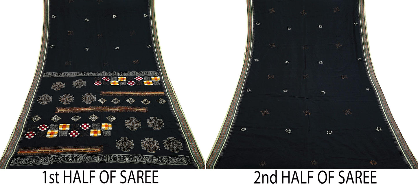 Indian Vintage Black Pure Silk Hand-Painted Woven Saree | 5 Yards | Elegant Fabric for Dress Designing, Quilting, Crafting, Upcycling