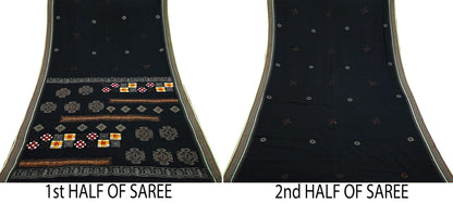 Indian Vintage Black Pure Silk Hand-Painted Woven Saree | 5 Yards | Elegant Fabric for Dress Designing, Quilting, Crafting, Upcycling