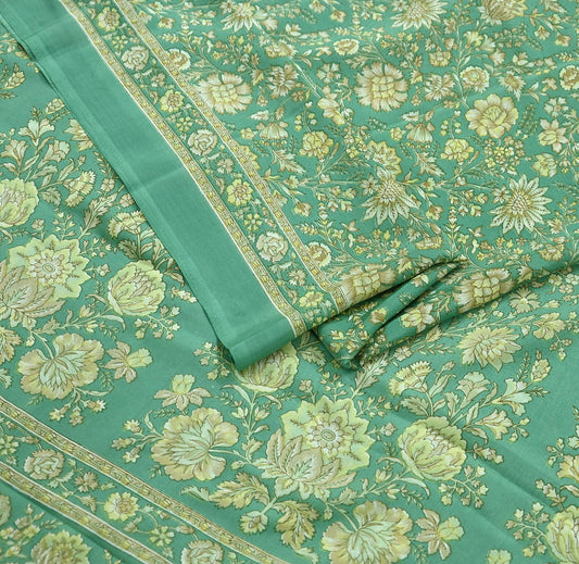 Indian Vintage Green Moss Crepe Printed Saree | Floral Design | 6 Yards | Soft Craft Fabric for Dressmaking, Décor, Quilting, & Upcycling