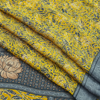 Indian Vintage Sari Yellow & Gray Moss Crepe Printed Sarees 6yd Craft Fabric Sewing Floral Soft Dress making Quilting Crafting Upcycle Used