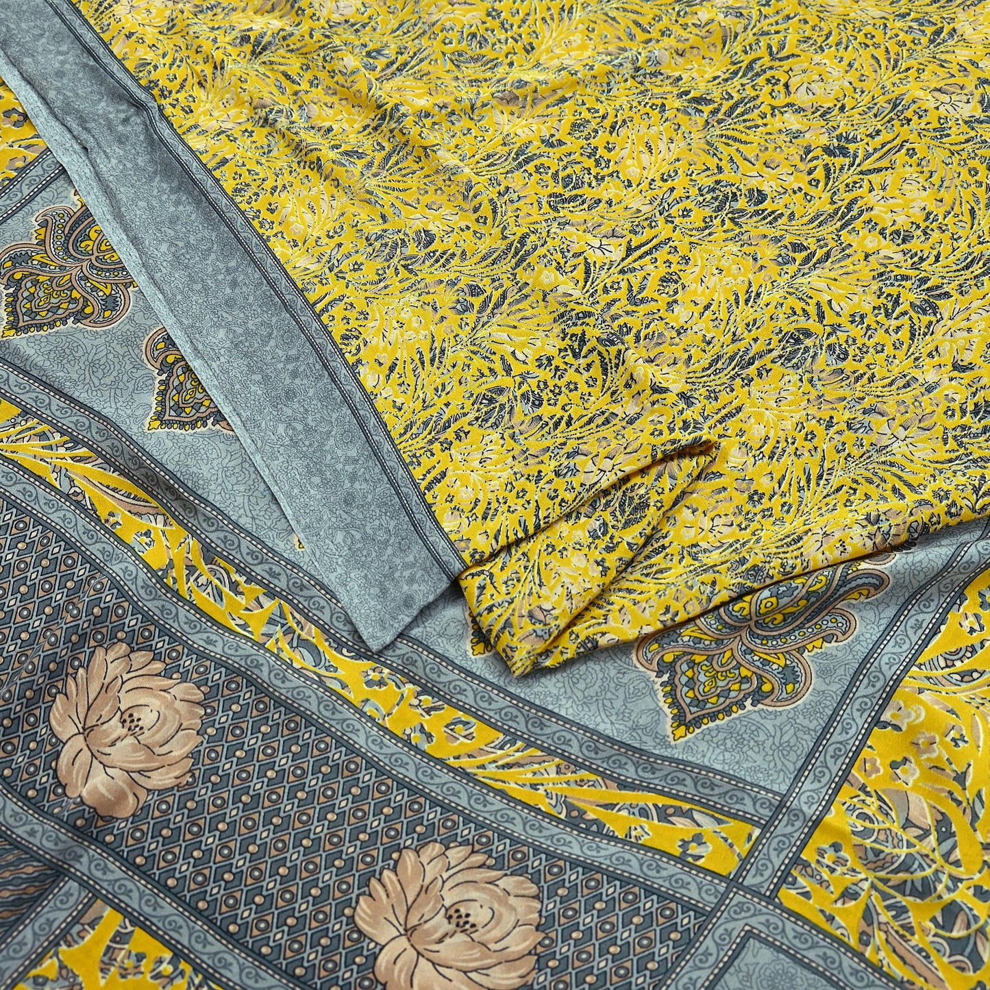 Indian Vintage Sari Yellow & Gray Moss Crepe Printed Sarees 6yd Craft Fabric Sewing Floral Soft Dress making Quilting Crafting Upcycle Used
