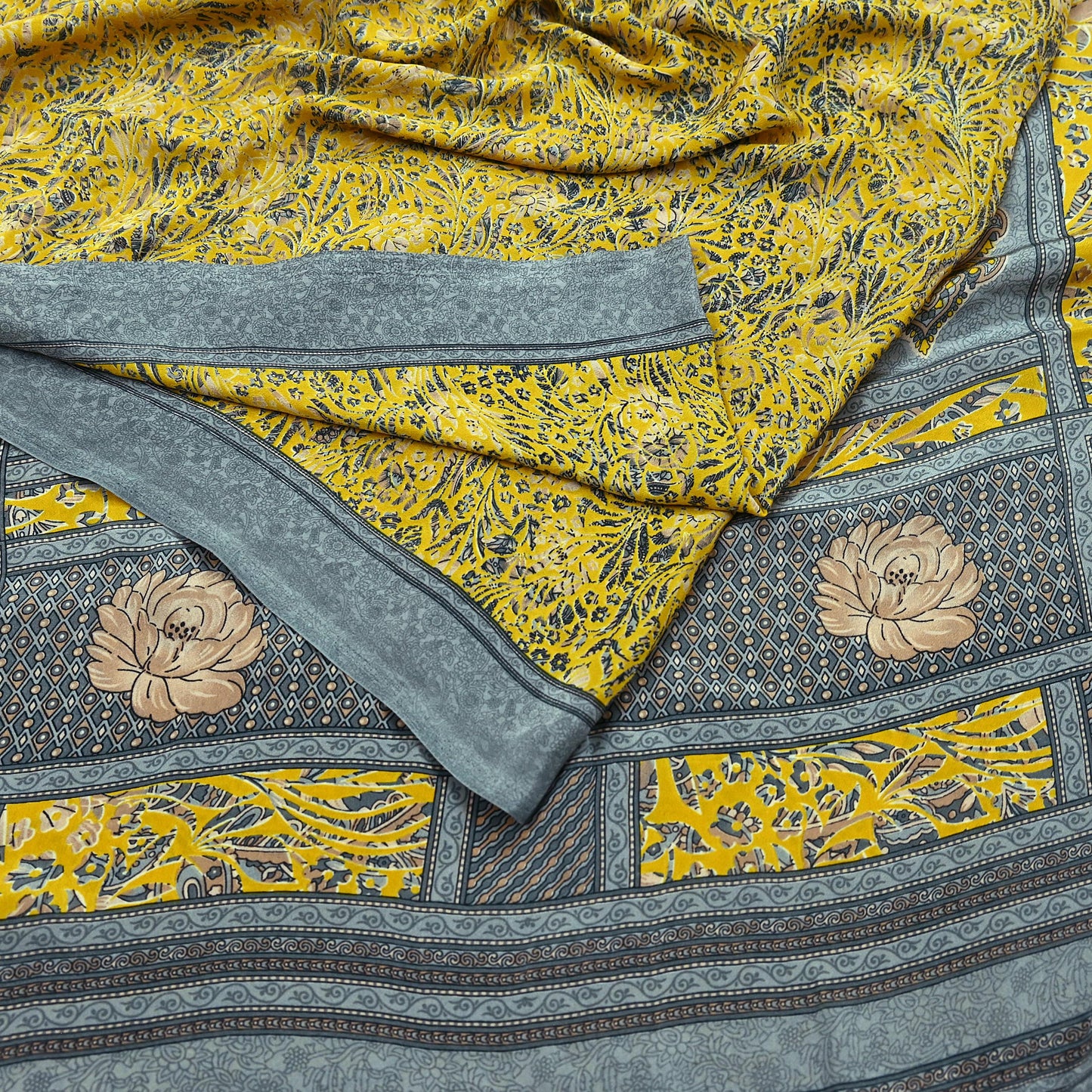 Indian Vintage Sari Yellow & Gray Moss Crepe Printed Sarees 6yd Craft Fabric Sewing Floral Soft Dress making Quilting Crafting Upcycle Used