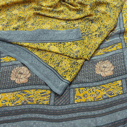 Indian Vintage Sari Yellow & Gray Moss Crepe Printed Sarees 6yd Craft Fabric Sewing Floral Soft Dress making Quilting Crafting Upcycle Used