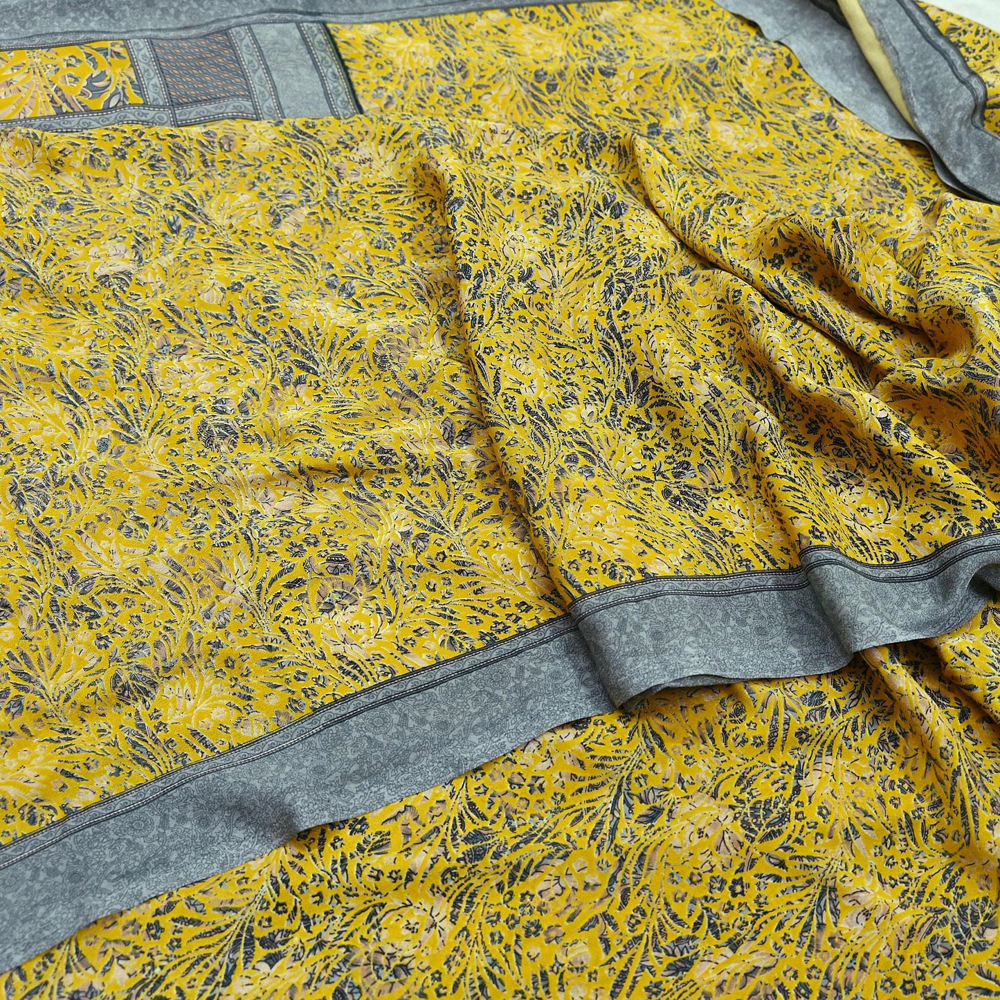 Indian Vintage Sari Yellow & Gray Moss Crepe Printed Sarees 6yd Craft Fabric Sewing Floral Soft Dress making Quilting Crafting Upcycle Used