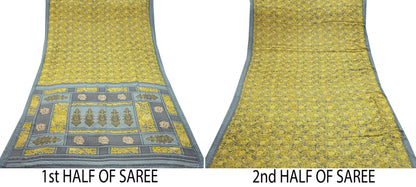 Indian Vintage Sari Yellow & Gray Moss Crepe Printed Sarees 6yd Craft Fabric Sewing Floral Soft Dress making Quilting Crafting Upcycle Used
