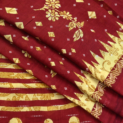 Indian Vintage Maroon Pure Cotton Printed Saree | Paisley & Floral Design | 5 Yards | Lightweight Craft Fabric for Sewing, Upcycling Soft