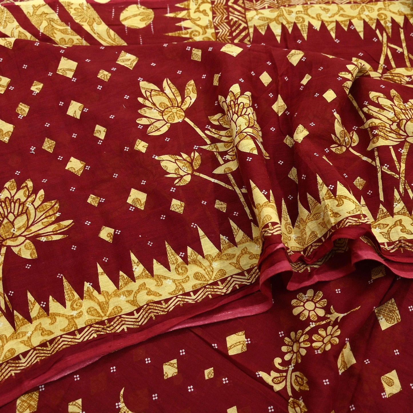 Indian Vintage Maroon Pure Cotton Printed Saree | Paisley & Floral Design | 5 Yards | Lightweight Craft Fabric for Sewing, Upcycling Soft