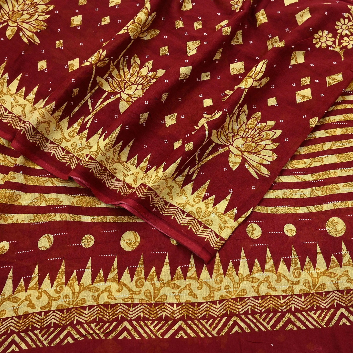 Indian Vintage Maroon Pure Cotton Printed Saree | Paisley & Floral Design | 5 Yards | Lightweight Craft Fabric for Sewing, Upcycling Soft