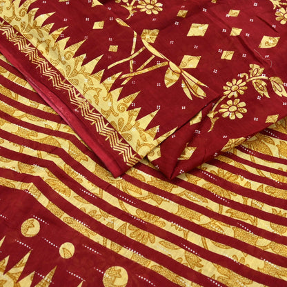 Indian Vintage Maroon Pure Cotton Printed Saree | Paisley & Floral Design | 5 Yards | Lightweight Craft Fabric for Sewing, Upcycling Soft