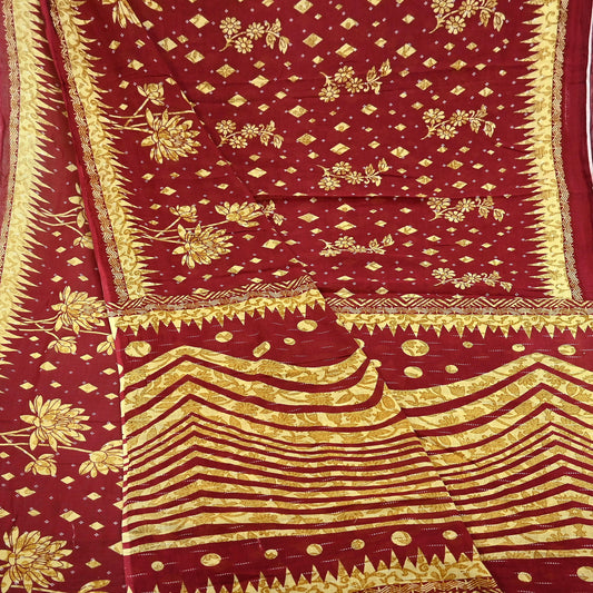 Indian Vintage Maroon Pure Cotton Printed Saree | Paisley & Floral Design | 5 Yards | Lightweight Craft Fabric for Sewing, Upcycling Soft