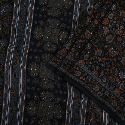 Indian Vintage Black Pure Crepe Silk Printed Saree | 5 Yards | Floral Craft Fabric | Soft Drape for Sewing, Dressmaking, Quilting &Upcycling