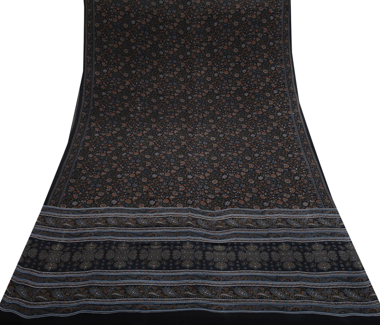 Indian Vintage Black Pure Crepe Silk Printed Saree | 5 Yards | Floral Craft Fabric | Soft Drape for Sewing, Dressmaking, Quilting &Upcycling