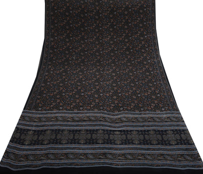 Indian Vintage Black Pure Crepe Silk Printed Saree | 5 Yards | Floral Craft Fabric | Soft Drape for Sewing, Dressmaking, Quilting &Upcycling