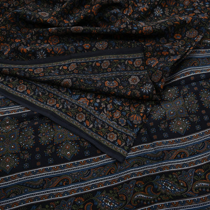 Indian Vintage Black Pure Crepe Silk Printed Saree | 5 Yards | Floral Craft Fabric | Soft Drape for Sewing, Dressmaking, Quilting &Upcycling