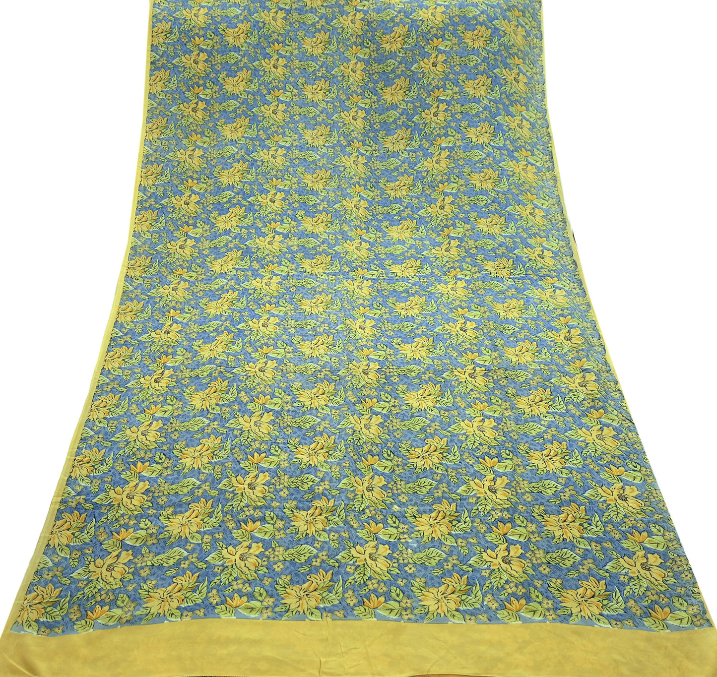 Indian Vintage Blue Pure Crepe Silk Printed Saree | 5 Yards | Floral Craft Fabric | Soft Drape for Sewing, Dressmaking, Quilting &Upcycling