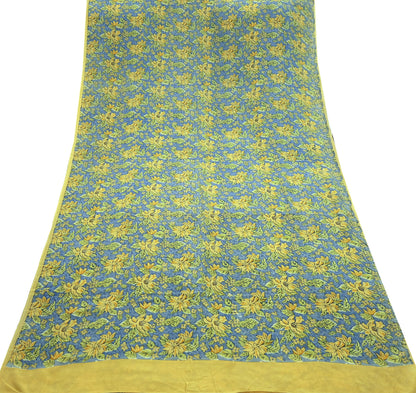 Indian Vintage Blue Pure Crepe Silk Printed Saree | 5 Yards | Floral Craft Fabric | Soft Drape for Sewing, Dressmaking, Quilting &Upcycling