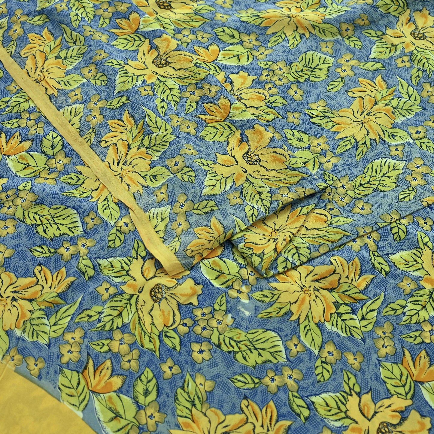 Indian Vintage Blue Pure Crepe Silk Printed Saree | 5 Yards | Floral Craft Fabric | Soft Drape for Sewing, Dressmaking, Quilting &Upcycling