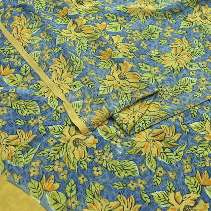 Indian Vintage Blue Pure Crepe Silk Printed Saree | 5 Yards | Floral Craft Fabric | Soft Drape for Sewing, Dressmaking, Quilting &Upcycling