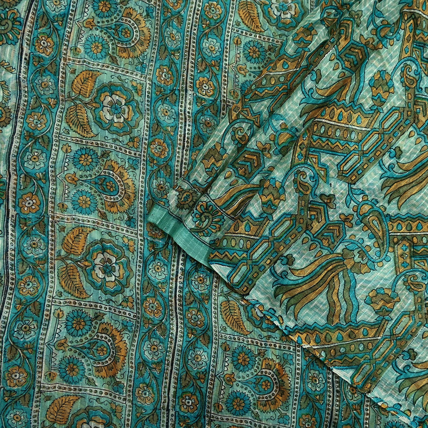 Indian Vintage Green Pure Silk Saree | Printed Floral & Striped Design | 5 Yards | Soft Craft Fabric for Dressmaking, Quilting,  Upcycling