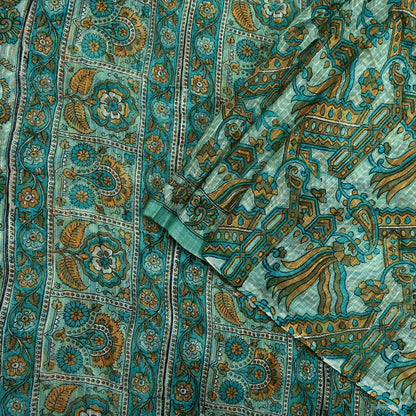 Indian Vintage Green Pure Silk Saree | Printed Floral & Striped Design | 5 Yards | Soft Craft Fabric for Dressmaking, Quilting,  Upcycling