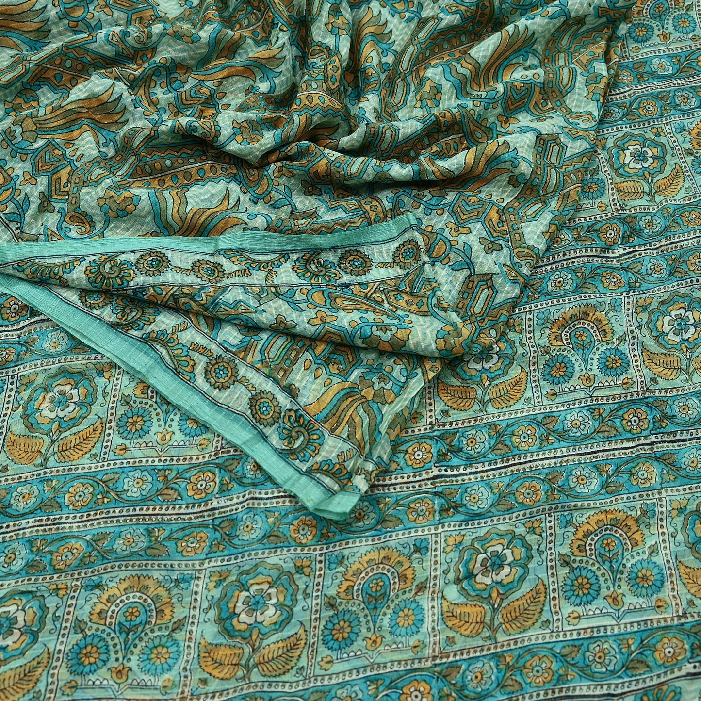 Indian Vintage Green Pure Silk Saree | Printed Floral & Striped Design | 5 Yards | Soft Craft Fabric for Dressmaking, Quilting,  Upcycling
