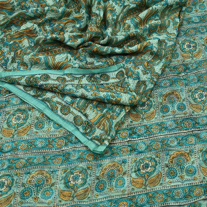 Indian Vintage Green Pure Silk Saree | Printed Floral & Striped Design | 5 Yards | Soft Craft Fabric for Dressmaking, Quilting,  Upcycling
