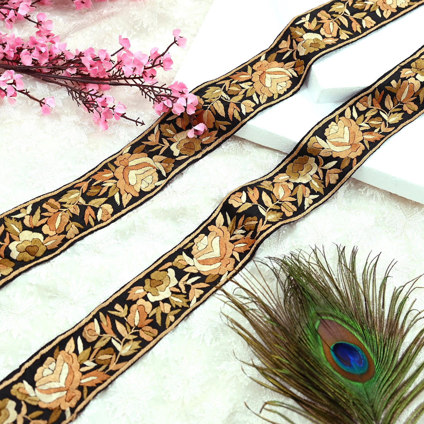 Indian Antique Vintage Real Parsi Gara Border Black Hand Embroidered Craft Trim Lace Sewing Sarees Ribbon Recycled 1yard Pure Silk