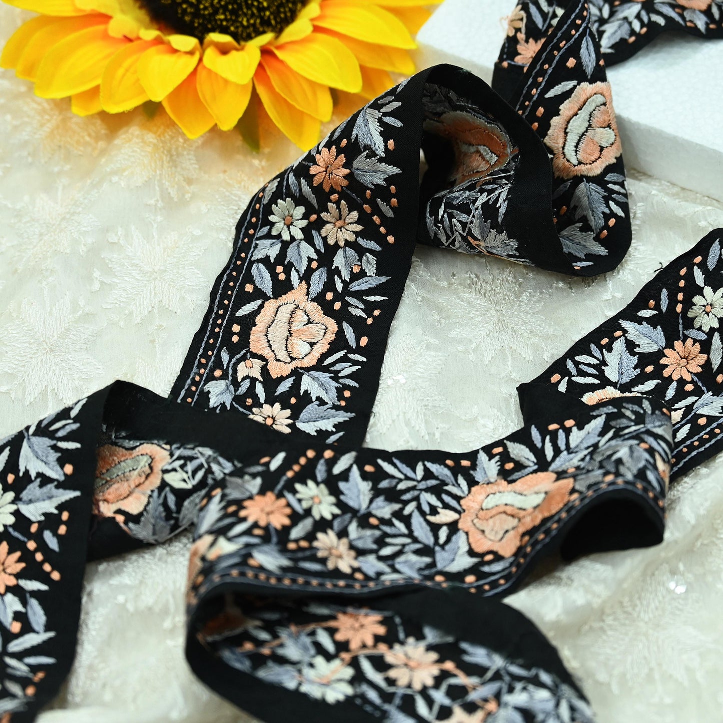 Indian Antique Vintage Real Parsi Gara Border Black Hand Embroidered Craft Trim Lace Sewing Sarees Ribbon Recycled 1yard Pure Cotton