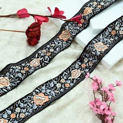 Indian Antique Vintage Real Parsi Gara Border Black Hand Embroidered Craft Trim Lace Sewing Sarees Ribbon Recycled 1yard Pure Cotton