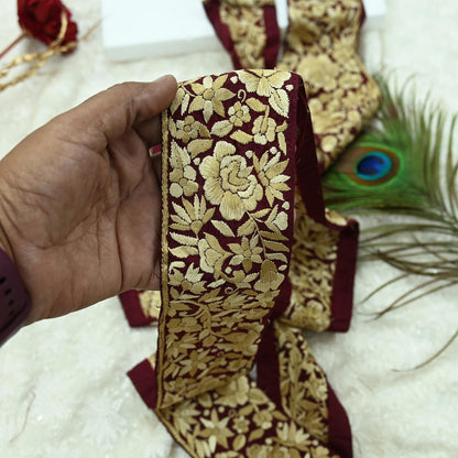 Indian Antique Vintage Real Parsi Gara Border Maroon Hand Embroidered Craft Trim Lace Sewing Sarees Ribbon Recycled 1yard Pure Silk