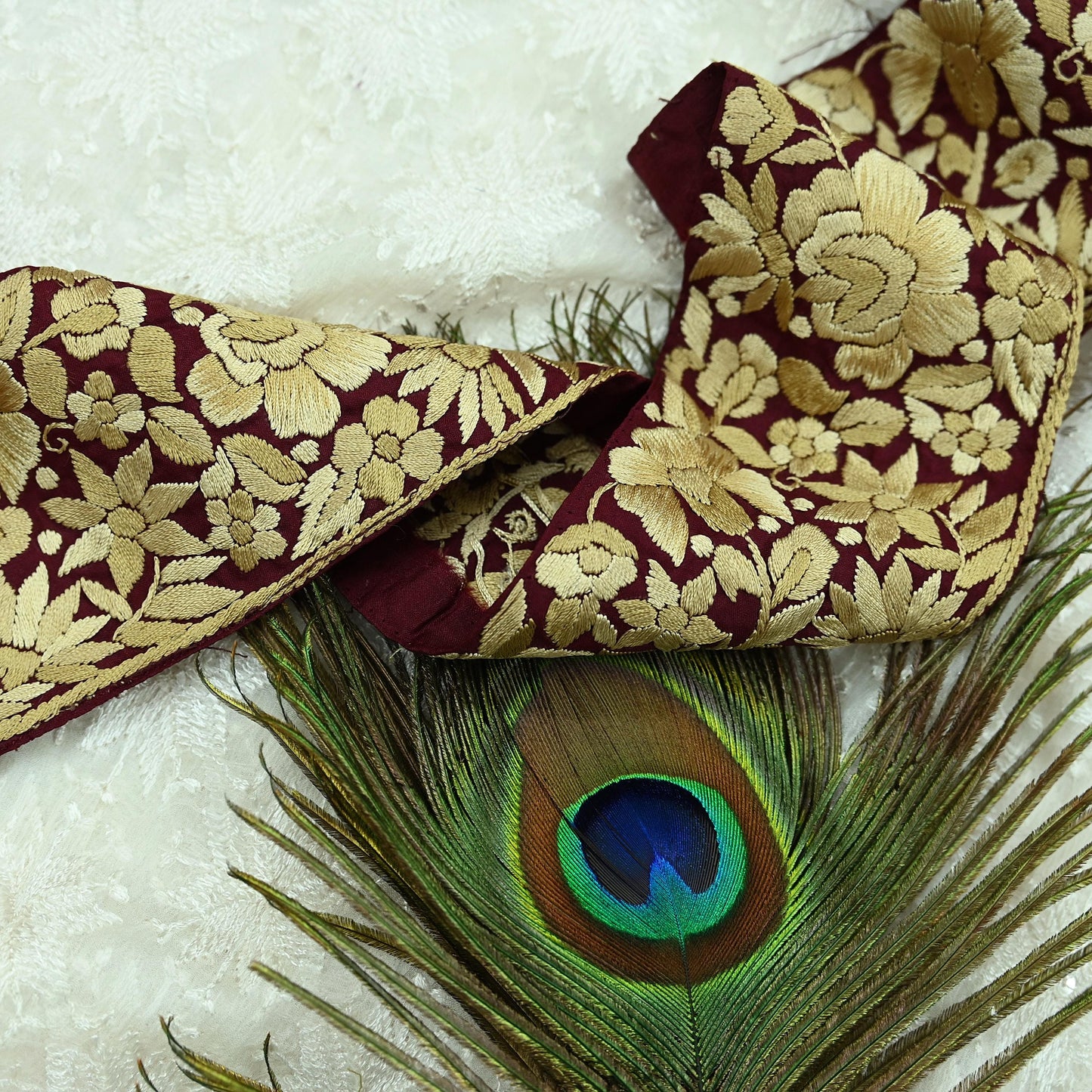 Indian Antique Vintage Real Parsi Gara Border Maroon Hand Embroidered Craft Trim Lace Sewing Sarees Ribbon Recycled 1yard Pure Silk