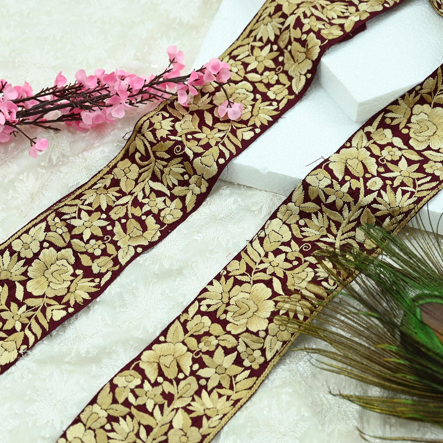 Indian Antique Vintage Real Parsi Gara Border Maroon Hand Embroidered Craft Trim Lace Sewing Sarees Ribbon Recycled 1yard Pure Silk