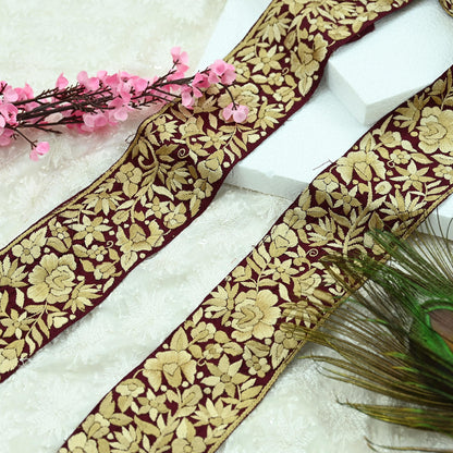 Indian Antique Vintage Real Parsi Gara Border Maroon Hand Embroidered Craft Trim Lace Sewing Sarees Ribbon Recycled 1yard Pure Silk