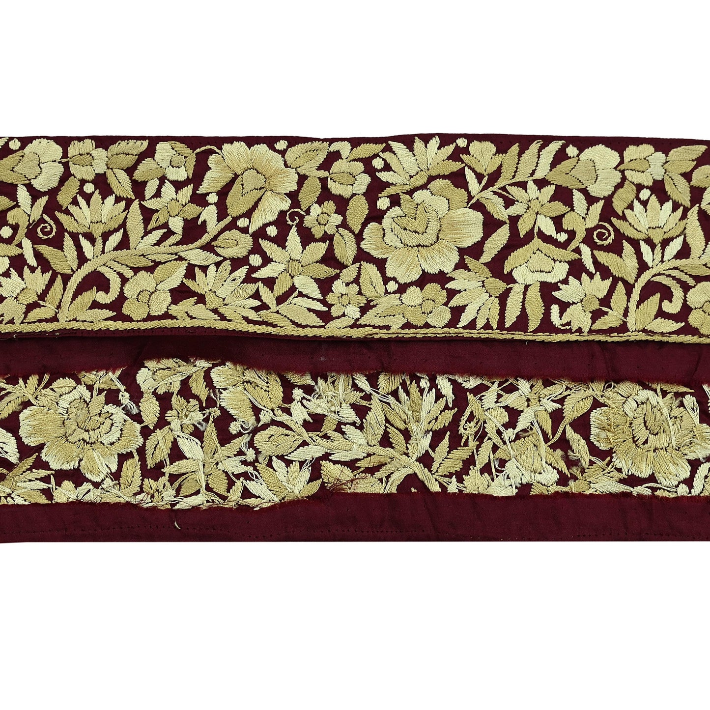 Indian Antique Vintage Real Parsi Gara Border Maroon Hand Embroidered Craft Trim Lace Sewing Sarees Ribbon Recycled 1yard Pure Silk