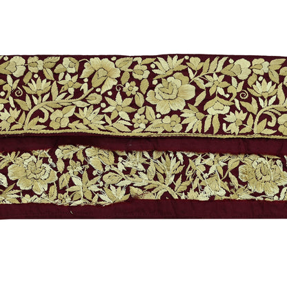 Indian Antique Vintage Real Parsi Gara Border Maroon Hand Embroidered Craft Trim Lace Sewing Sarees Ribbon Recycled 1yard Pure Silk