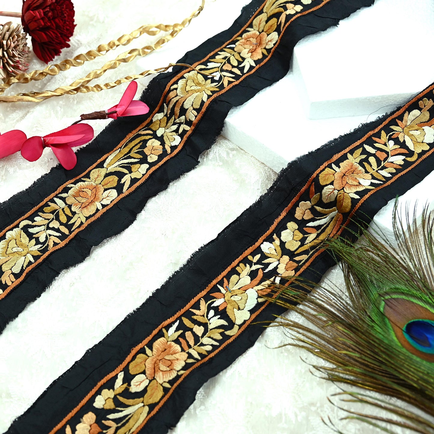 Indian Antique Vintage Real Parsi Gara Border Black Hand Embroidered Craft Trim Lace Sewing Sarees Ribbon Recycled 1yard Pure Silk