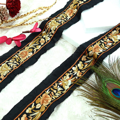 Indian Antique Vintage Real Parsi Gara Border Black Hand Embroidered Craft Trim Lace Sewing Sarees Ribbon Recycled 1yard Pure Silk