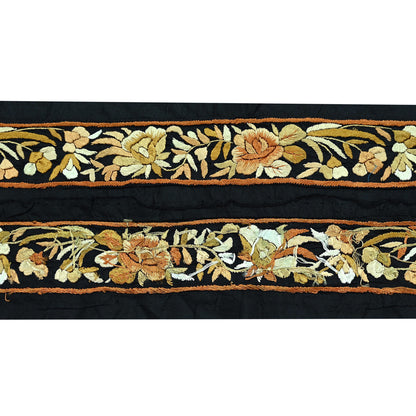 Indian Antique Vintage Real Parsi Gara Border Black Hand Embroidered Craft Trim Lace Sewing Sarees Ribbon Recycled 1yard Pure Silk