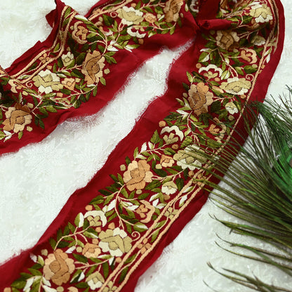 Indian Antique Vintage Real Parsi Gara Border Red Hand Embroidered Craft Trim Lace Sewing Sarees Ribbon Recycled 1yard Pure Crepe Silk